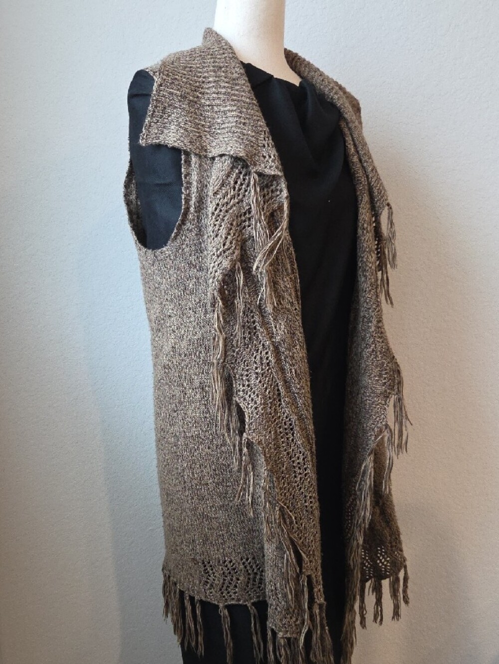 Kim Rogers Taupe Brown Fringed Open Knit Vest Crochet Boho Western